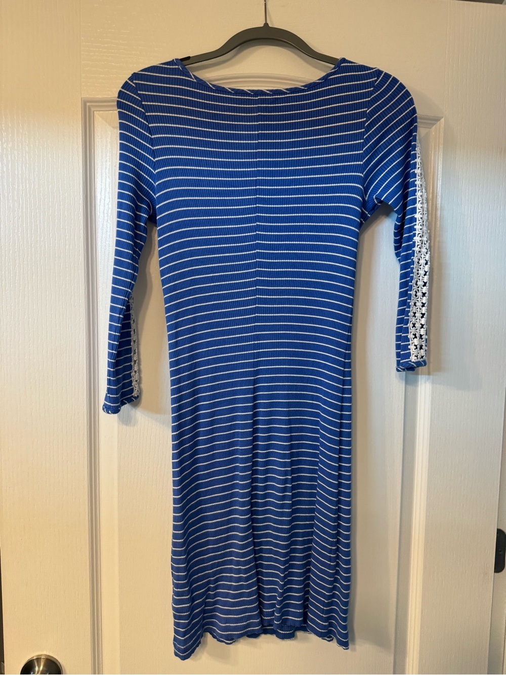 Lilly Pulitzer Blue & White Striped Midi Dress with Lace Sleeve Trim